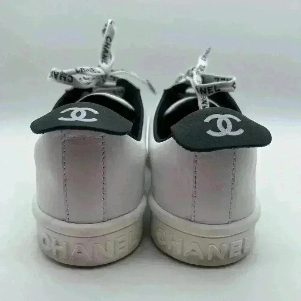 Chanel White Leather Casual Sneakers: Women's Size 36.5 Logo Laces CC